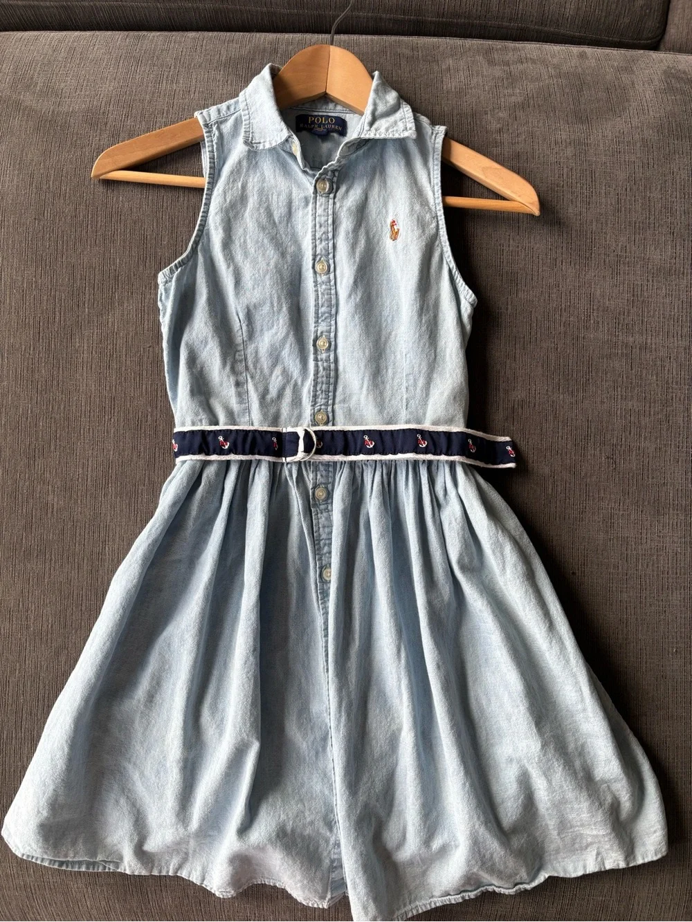 Polo Ralph Lauren Girls Sleeveless Cotton Chambray Shirtdress Anchor Belt, 12